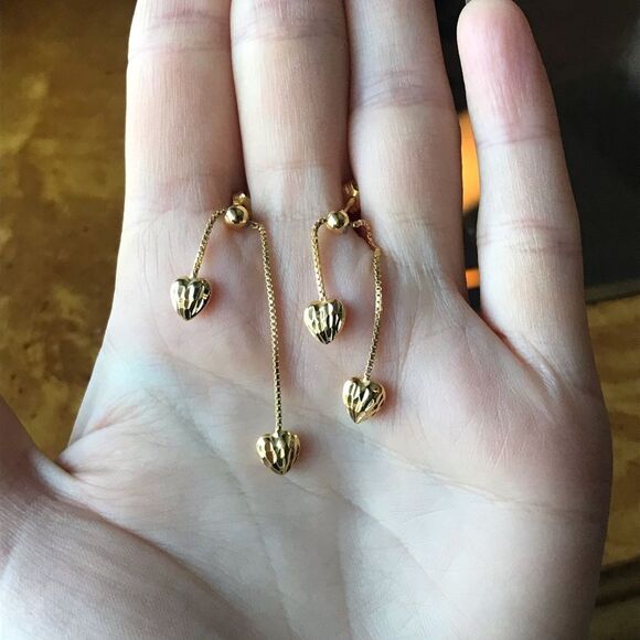 Sterling Silver 14k Yellow Gold Vermeil Heart Drop Earrings - Picture 6 of 6